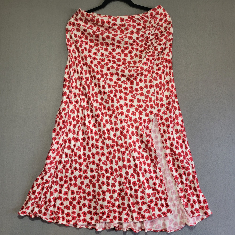 Maeve Anthropologie Red White Floral Poppy Side Slit Midi Skirt Size Medium